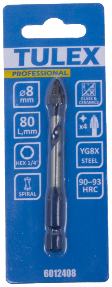 Сверло зубч.TULEX"PROFESSIONAL"6012408 по каф.и стек.,с пыл-ем,4 реж,лезв.,6-гр хв,1/4,8мм(1шт/уп)