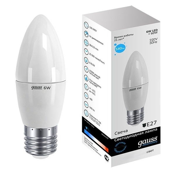 Лампа Gauss LED Elementary Свеча 6W E27 420 lm 3000K  33216
