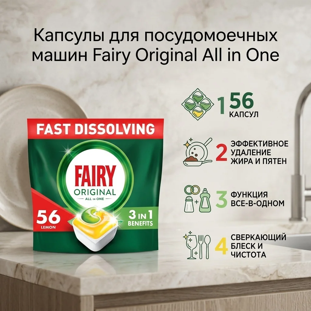Капсулы для посудомоечной машины FAIRY All in 1 Лимон 56шт