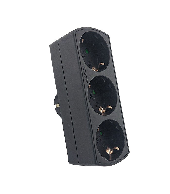 Тройник электрический VT/TRIPLO-S/16A/MATT BLACK/EARTH/SHUTTER/PLUG+3xSOCKET
