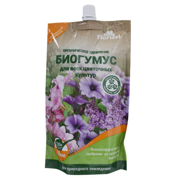 Удобрение органическое гелевое Florizel - Биогумус для всех цветочных культур, 350 мл. дой-пак