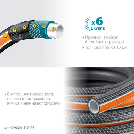 Шланг поливочный GRINDA  ULTRA 6, 1/2", 25 м, 30 атм, шестислойный, двойное армирование, PROLine (42