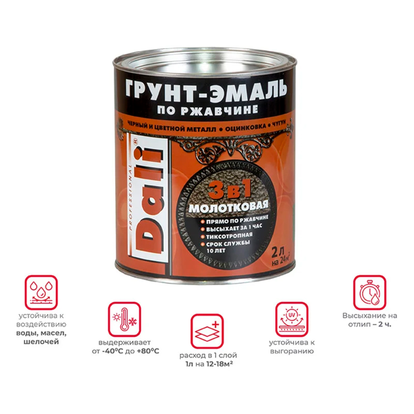 Молотковая ГРУНТ - ЭМАЛЬ по ржавчине "DALI" 2л - серый