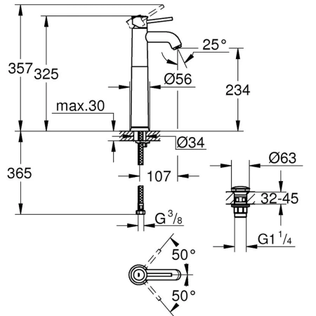 Смеситель д/р  Grohe 23784000 Start Classic свободностоящей раковины с нажимным донным клапаном, XL-