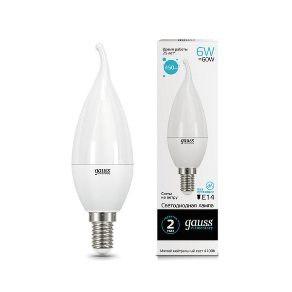 Лампа Gauss Elementary Свеча на ветру 6W 450lm 4100K Е14 LED 1/10/50