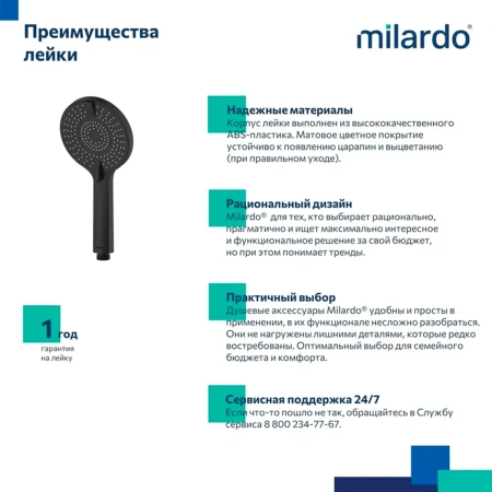 Лейка для душа, 4F, черная матовая, Rora, Milardo, ROR4FBRM18