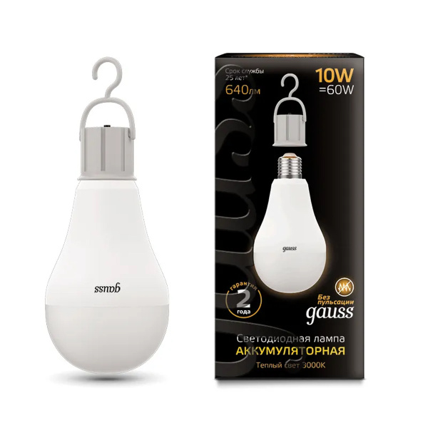 Лампа Gauss Led A60 10W E27 640 lm 3000K с Li-lon аккумулятор.102402100