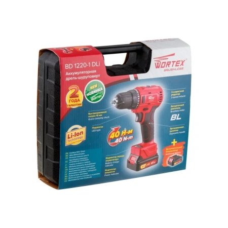 Дрель-шуруповерт аккум. WORTEX BD 1220-1 DLi в чем. БЕСЩЕТ, 12 В, 40 Н*м, 2х1.5 А*ч, БЗП 10 мм, арт.