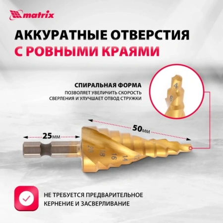 Сверло ступенчатое, 4-6-8-10-12-14-16-18-20 мм, HSS, спиральный проф., шестигр. хвостовик// MATRIX