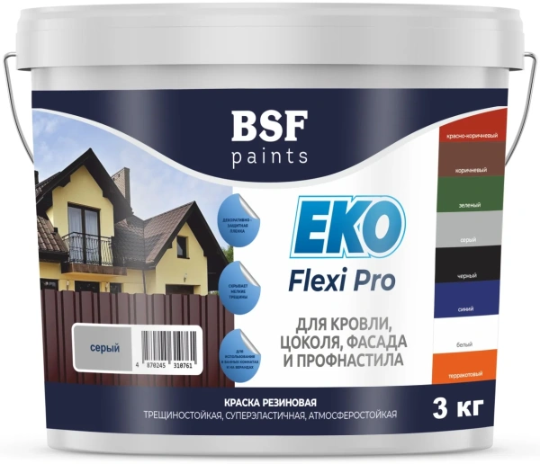 Краска резиновая трещиностойкая, суперэластичная, атмосферостойкая EKO Flexi Pro, белый 3 кг