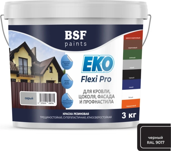 Краска резиновая трещиностойкая, суперэластичная, атмосферостойкая EKO Flexi Pro, черный 3 кг