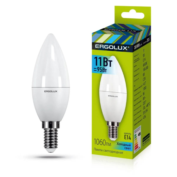 Лампа Ergolux LED-C35-11W-E14-4K (Эл.лампа светодиодная Свеча 11Вт E14 4500K 180-240В) 13619